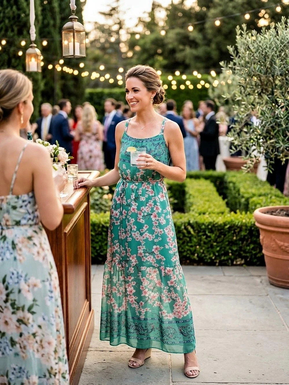 SugarMint Sheer Floral Maxi Dress in Green & Pink Size Medium